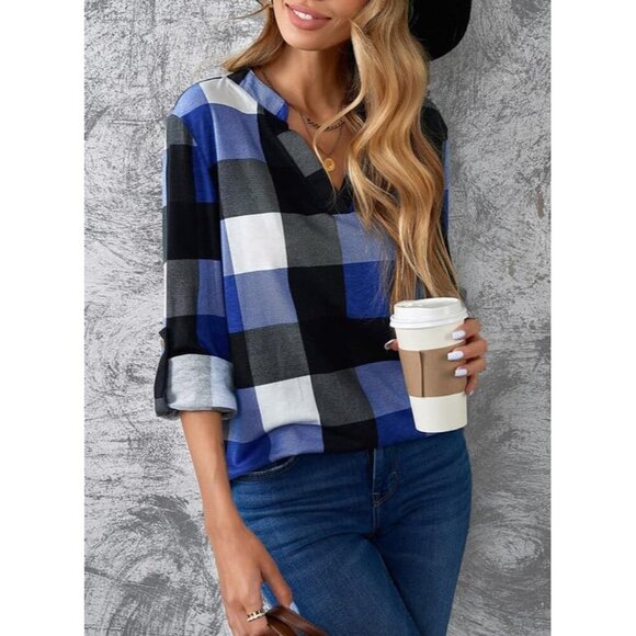 Women's Plaid Cuffed Long Sleeve Blouse V-Neck Casual Work Top S-3XL - Picture 3 of 5